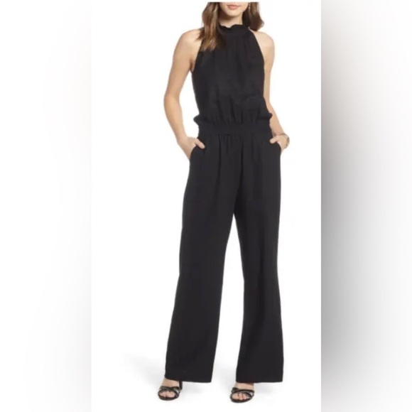 1901 Nordstrom Ruffle Neck Linen Cotton blend black jumpsuit romper minimalist,S - Picture 1 of 11
